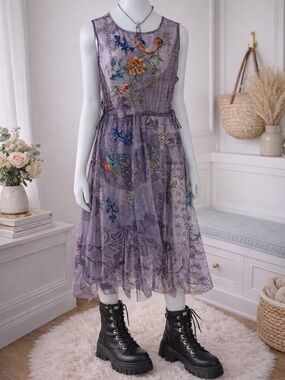 Johnny Was Mesh Embroidered Dress Overlay Purple boho layered, women’s XL